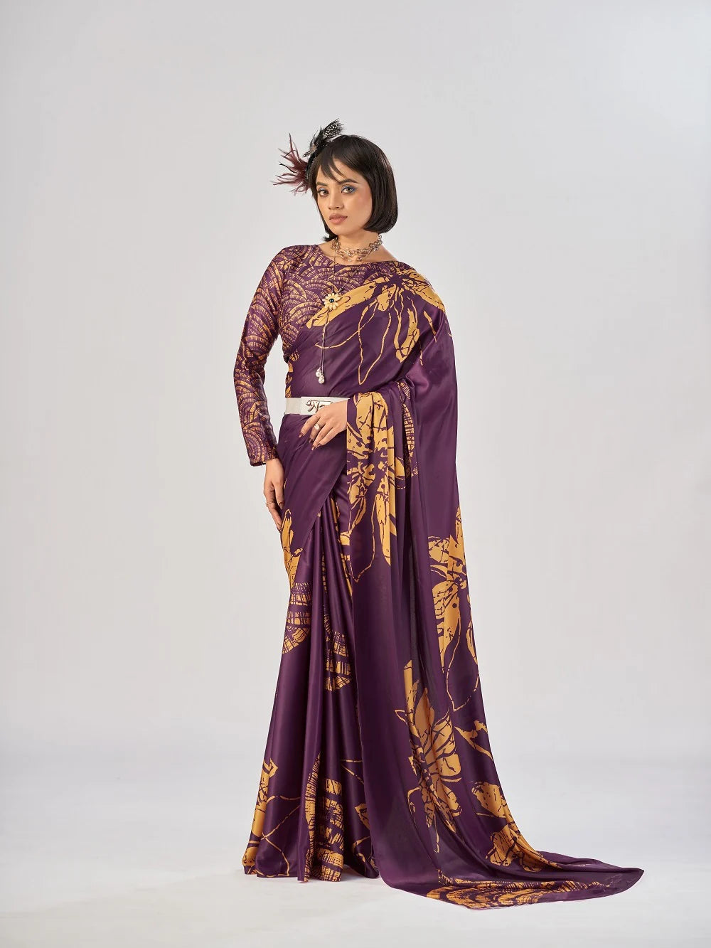 Womenline Wine Color Satin Silk Saree
