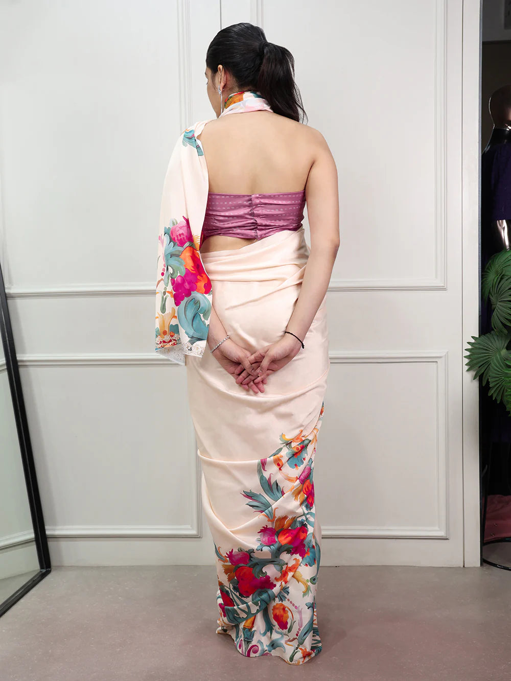 Womenline Cream Color Casual Wear Satin Silk Saree