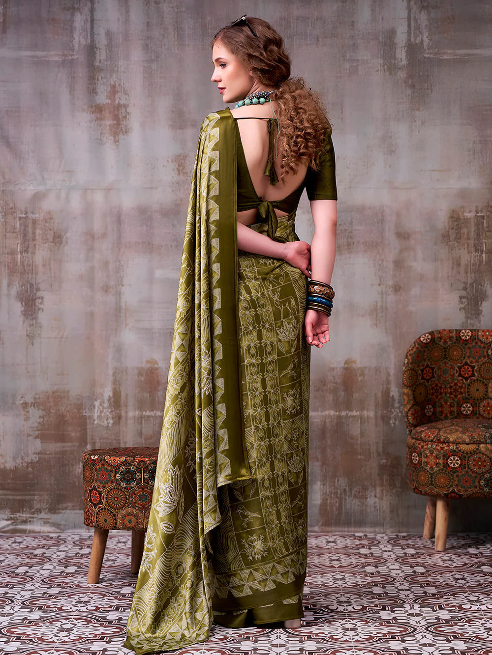 Womenline Mehendi Green Color Satin Silk Saree