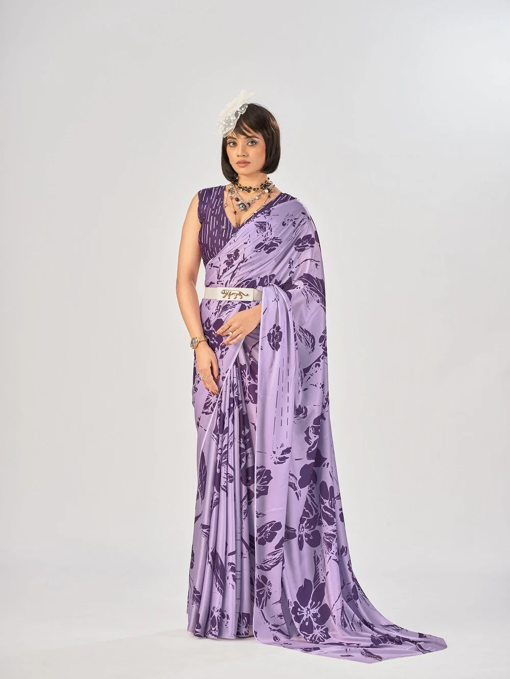 Womenline Lavendar Color Satin Silk Saree
