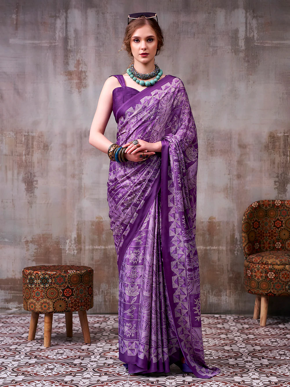 Womenline Lavendar Color Satin Silk Saree