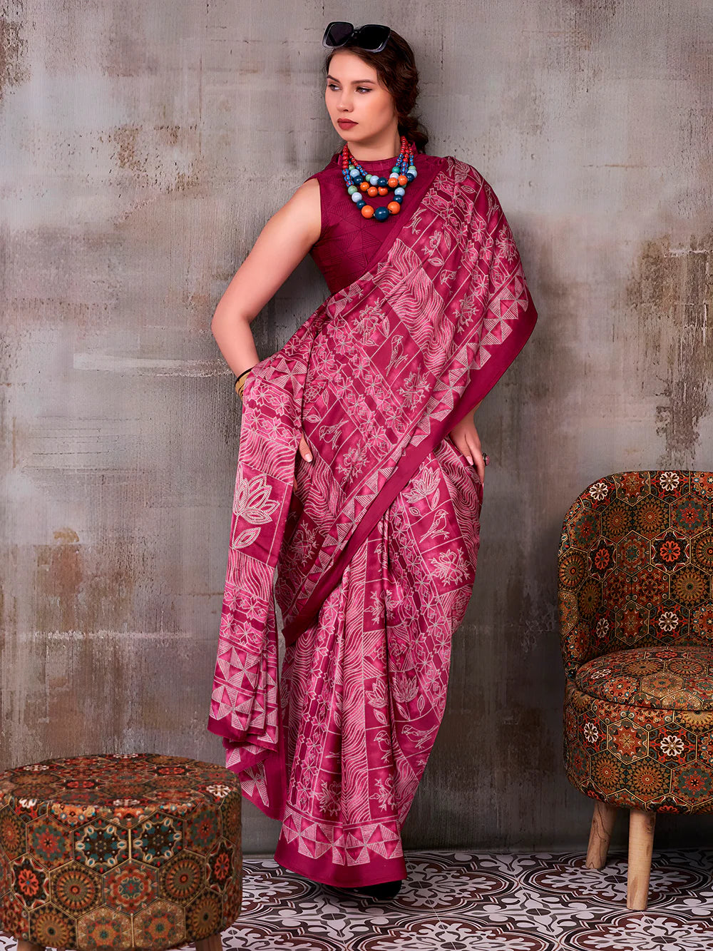 Womenline Magenta Pink Color Satin silk Saree