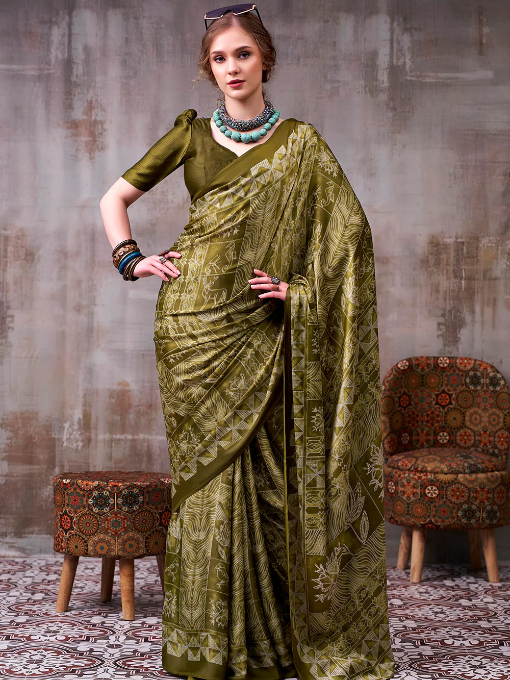 Womenline Mehendi Green Color Satin Silk Saree