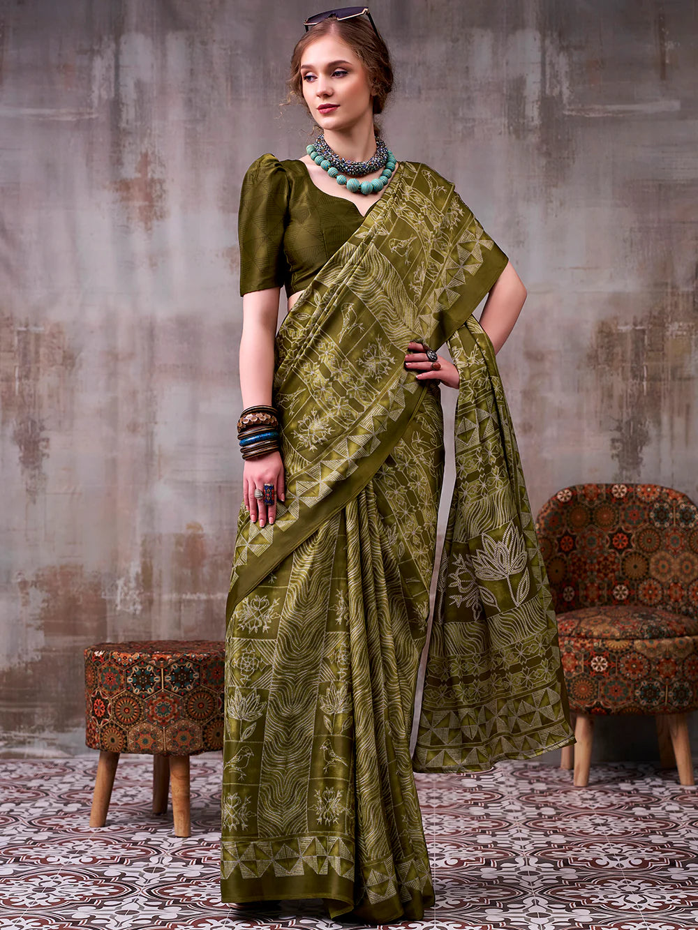 Womenline Mehendi Green Color Satin Silk Saree