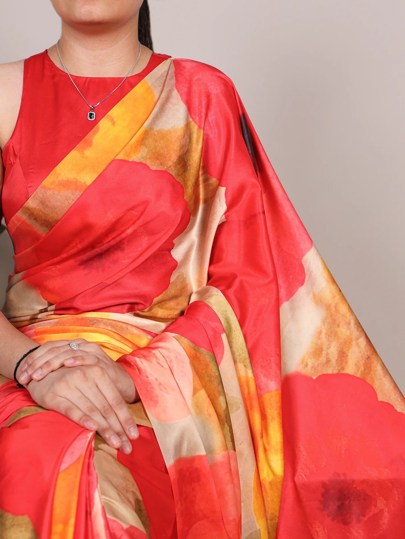 Womenline Striking Red Color Satin Silk Saree