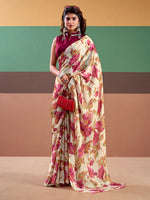 Womenline Pink Color Floral Print Satin Silk Saree