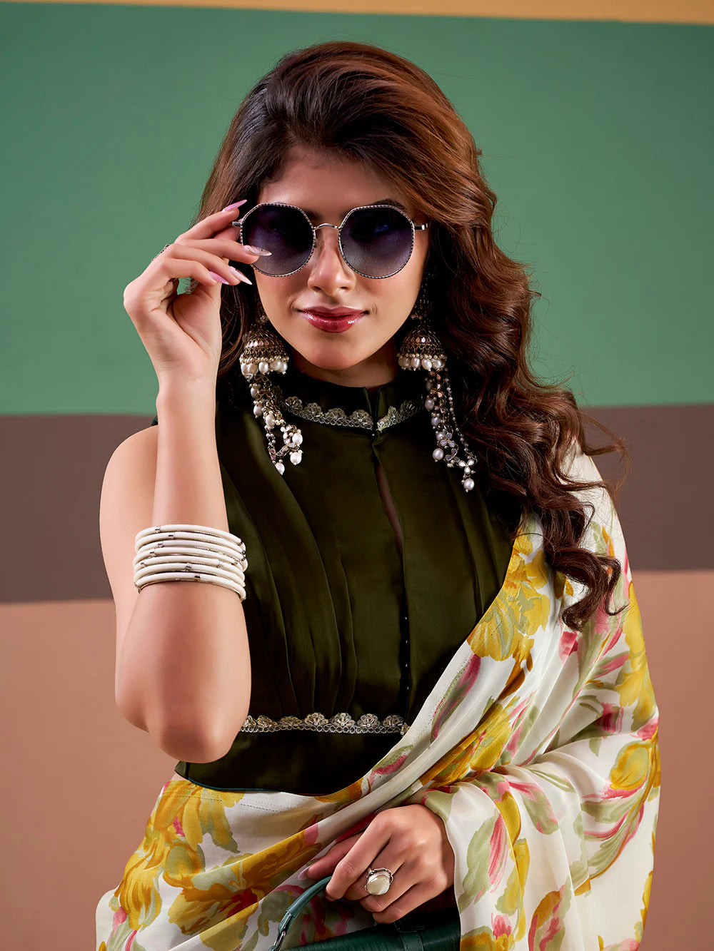 Womenline Yellow Color Floral Print Satin Silk Saree