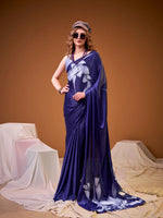 Womenline Navy Blue Color Foral Printed Satin Silk Saree