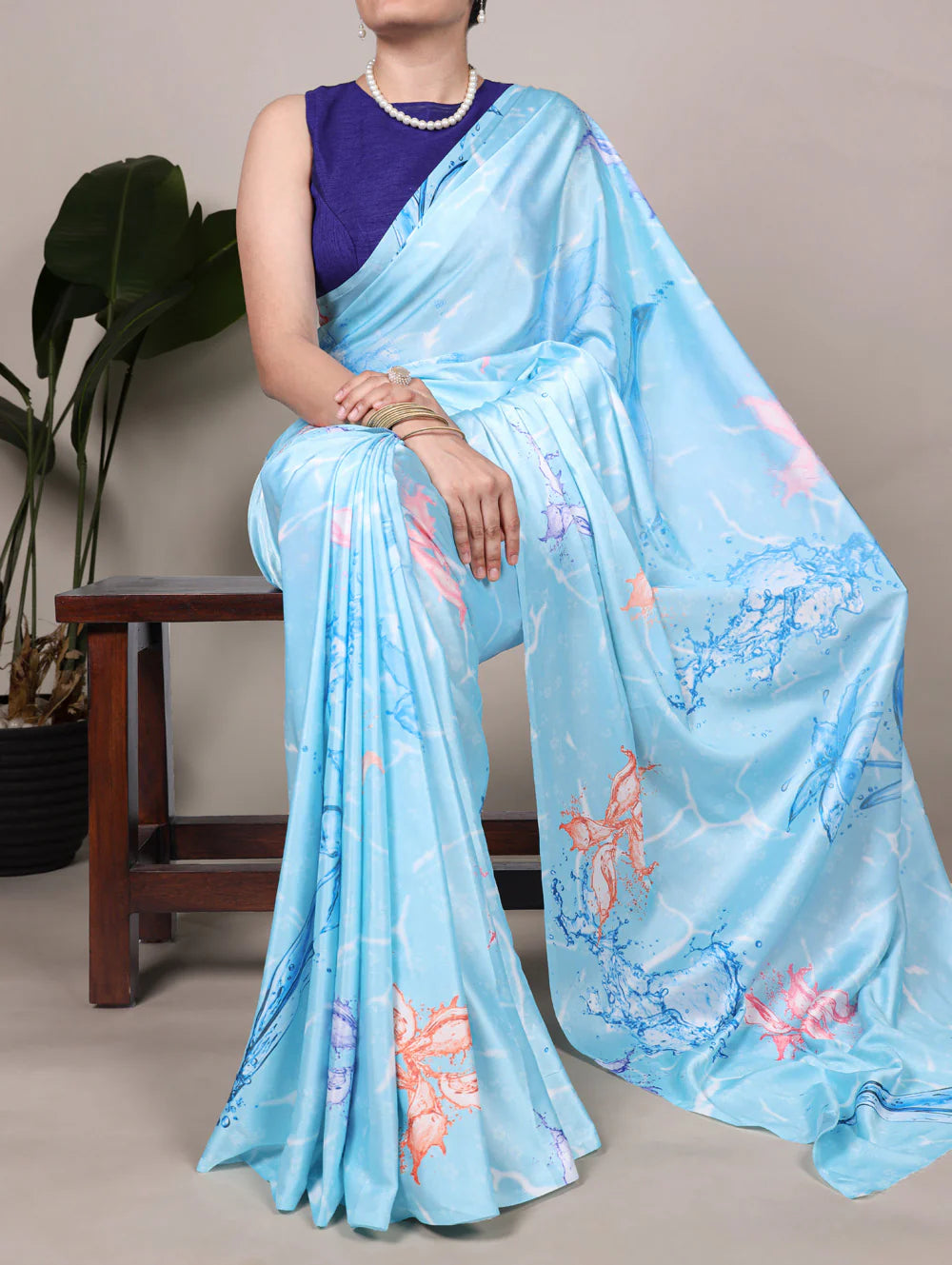 Womenline Elegant Sky Blue Color Satin Silk Saree