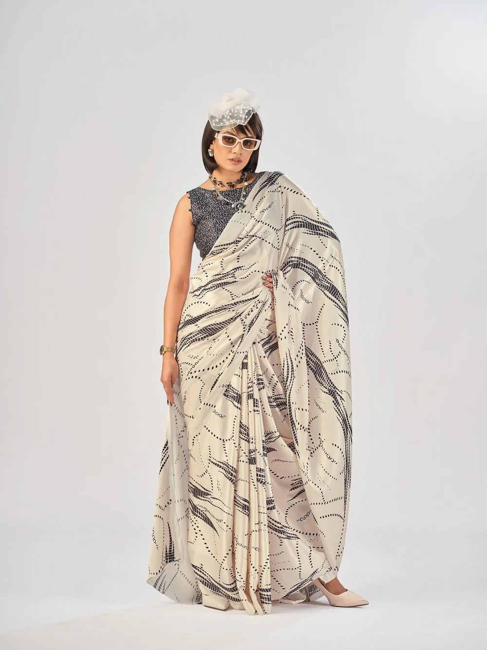 Womenline Off White Color Satin Silk Saree