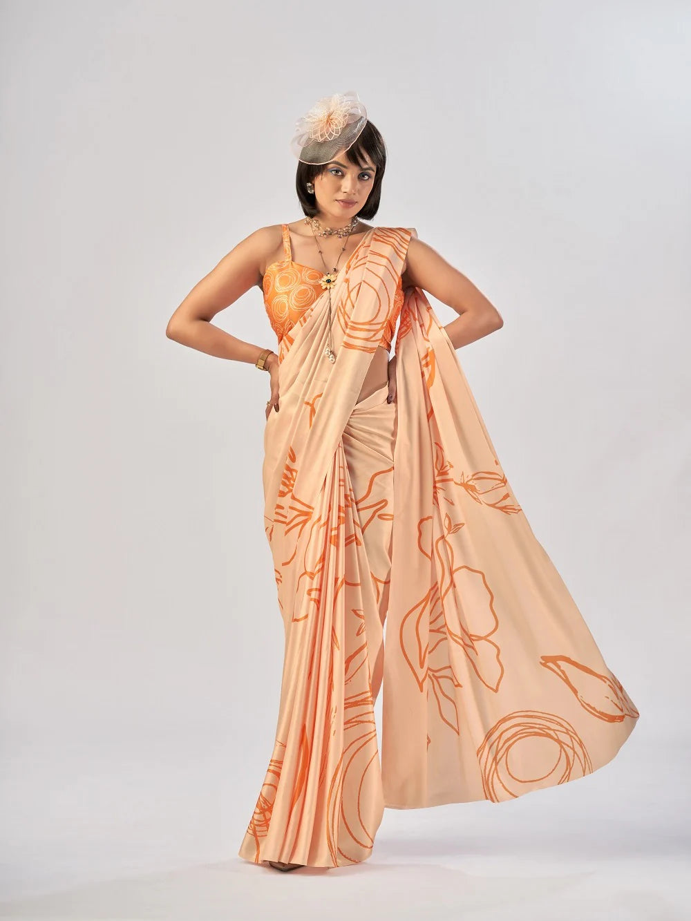 Womenline Orange Color Satin Silk Saree
