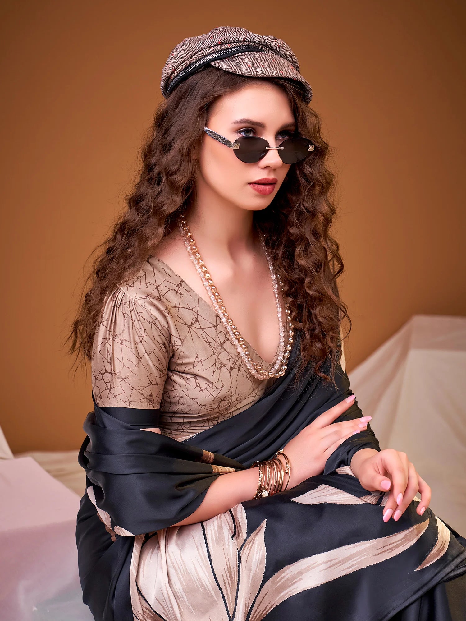 Womenline Black Color Floral Printed Satin Silk Saree