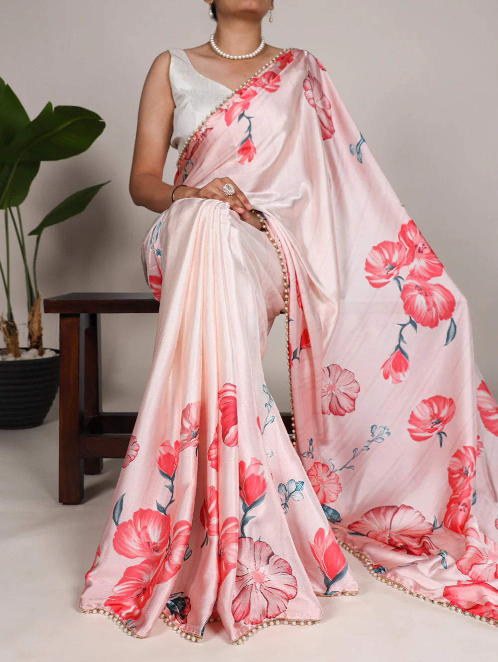 Womenline Elegant Peach Color Satin Silk Saree