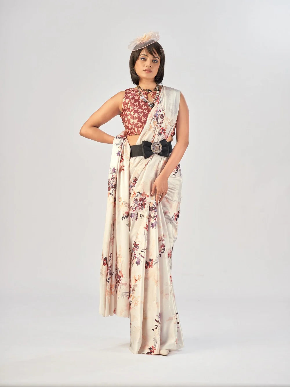 Womenline Cream Color Satin Silk Saree