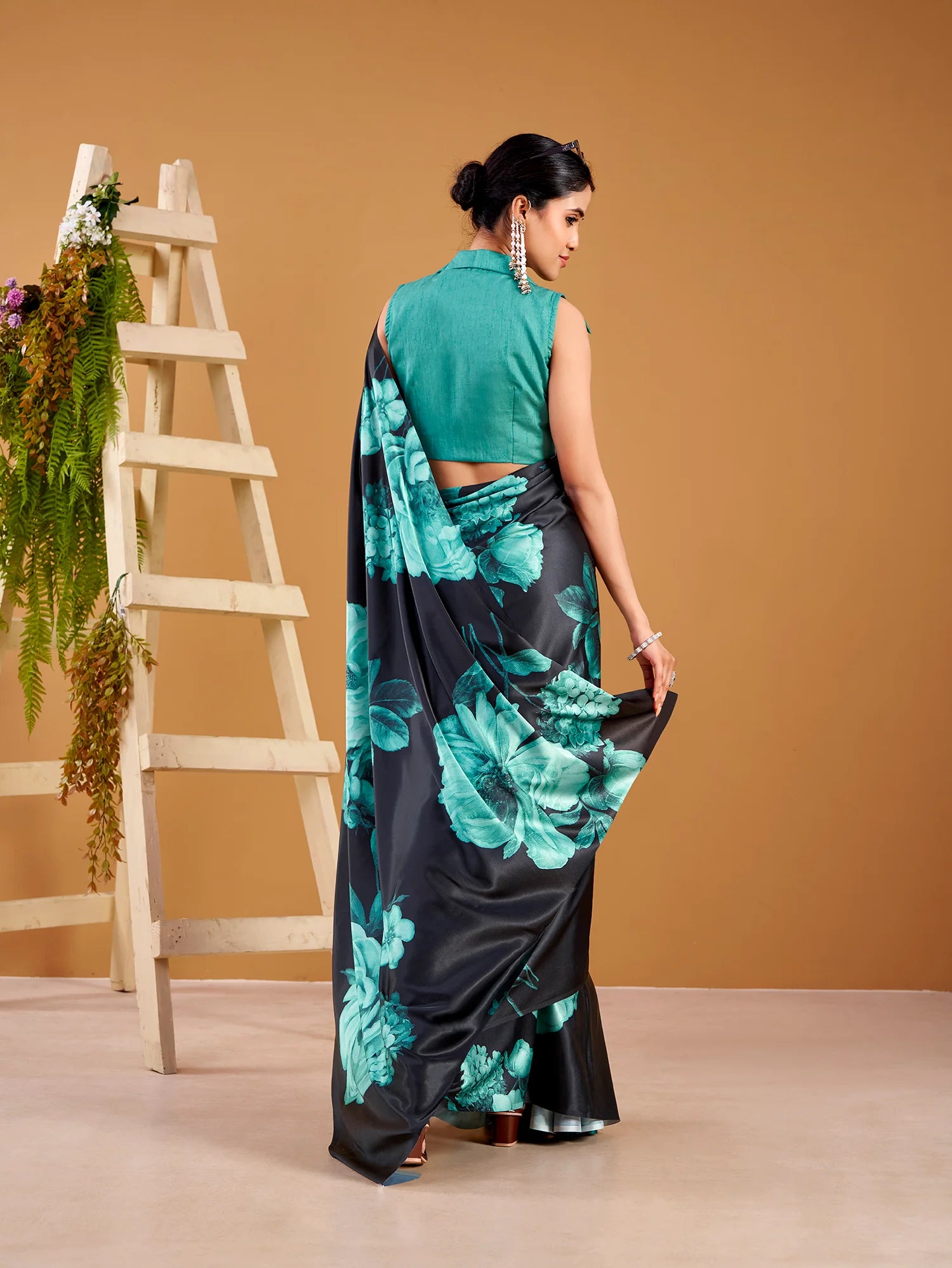 Womenline Teal Color Floral Print Satin Silk Saree