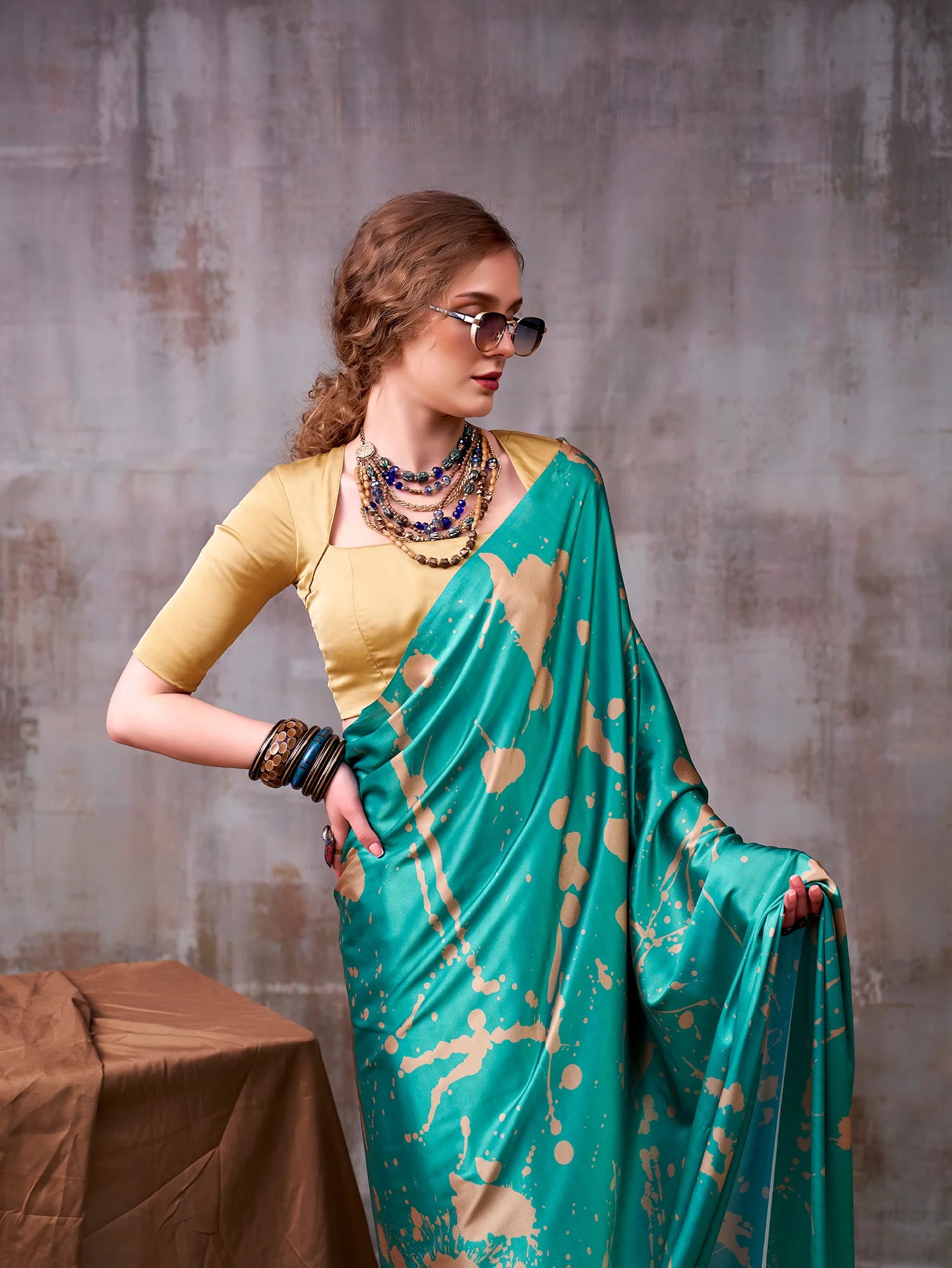 Womenline Sea Green Color Satin Silk Saree