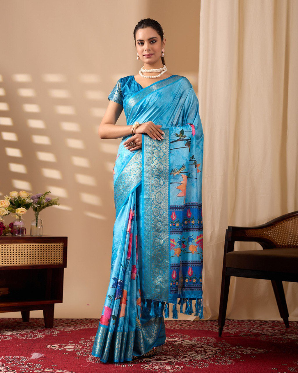 Womneline Sky Blue Floral Designer Saree with Elegant Woven Border & Artistic Pallu