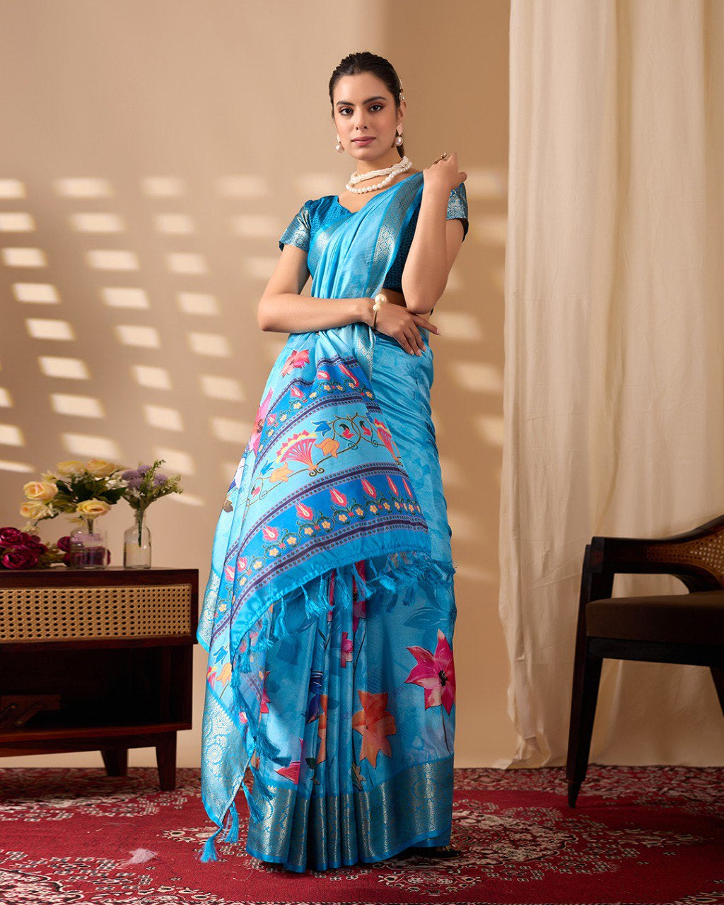 Womneline Sky Blue Floral Designer Saree with Elegant Woven Border & Artistic Pallu