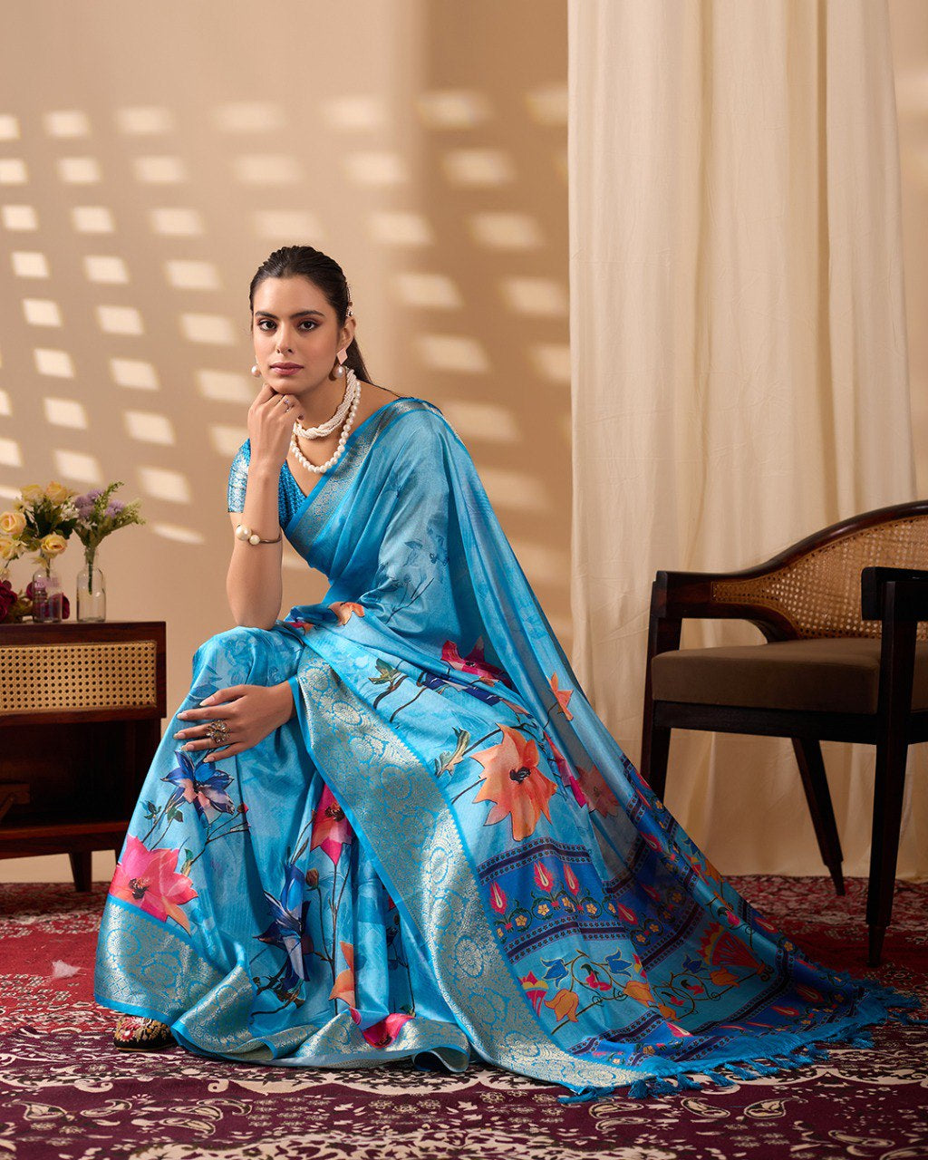 Womneline Sky Blue Floral Designer Saree with Elegant Woven Border & Artistic Pallu