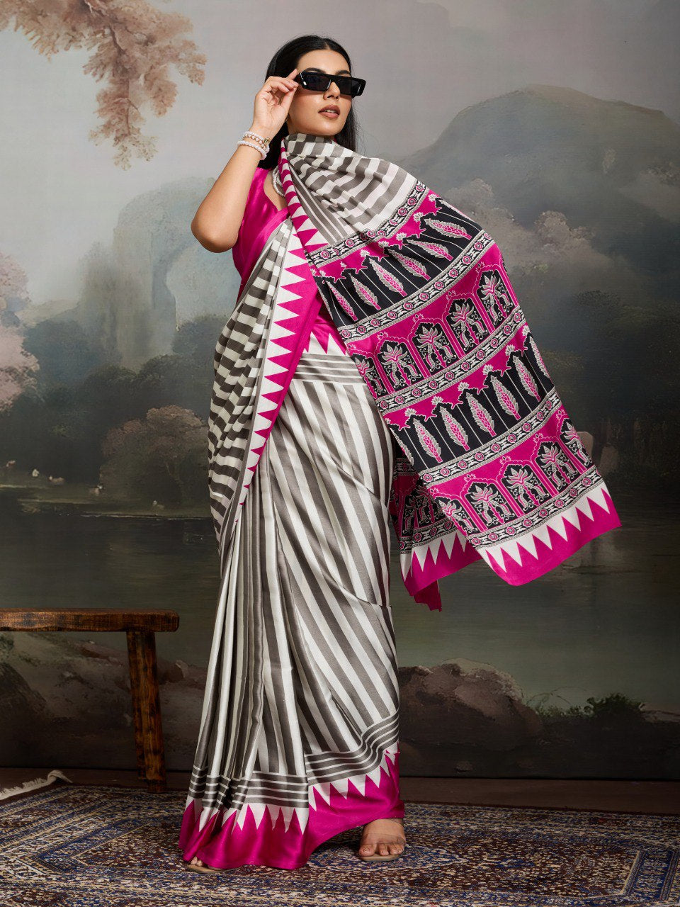 Womenline Grey & Hot Pink Heritage Print Saree with Ethnic Designer Pallu