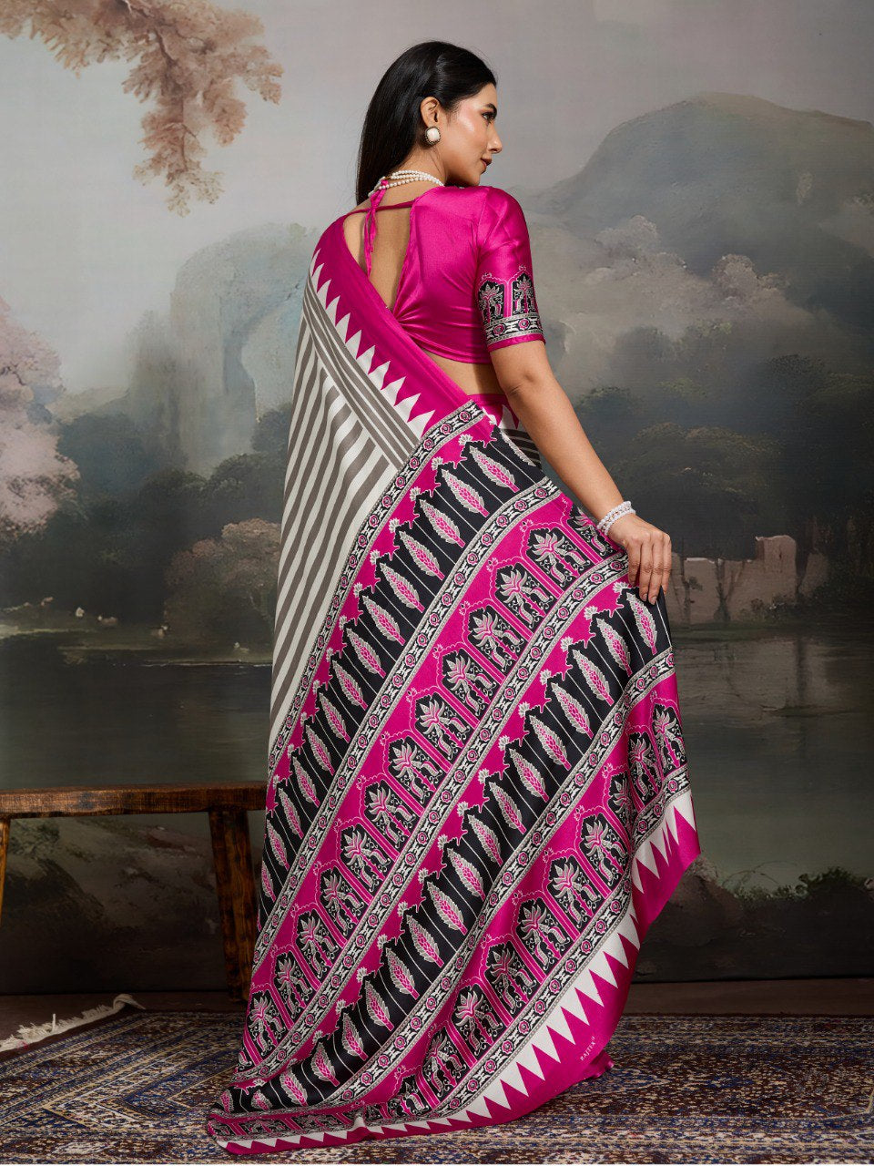 Womenline Grey & Hot Pink Heritage Print Saree with Ethnic Designer Pallu
