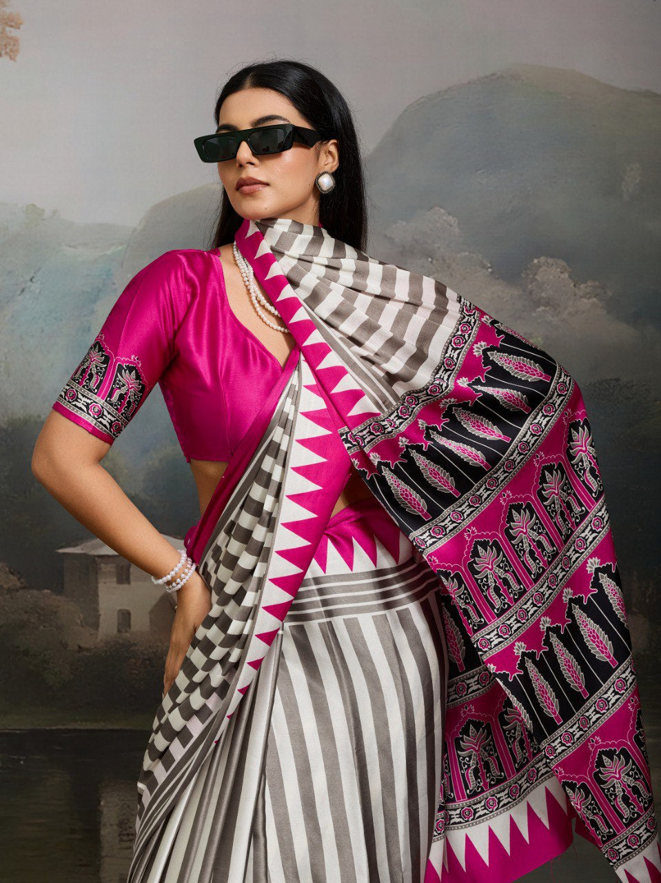 Womenline Grey & Hot Pink Heritage Print Saree with Ethnic Designer Pallu