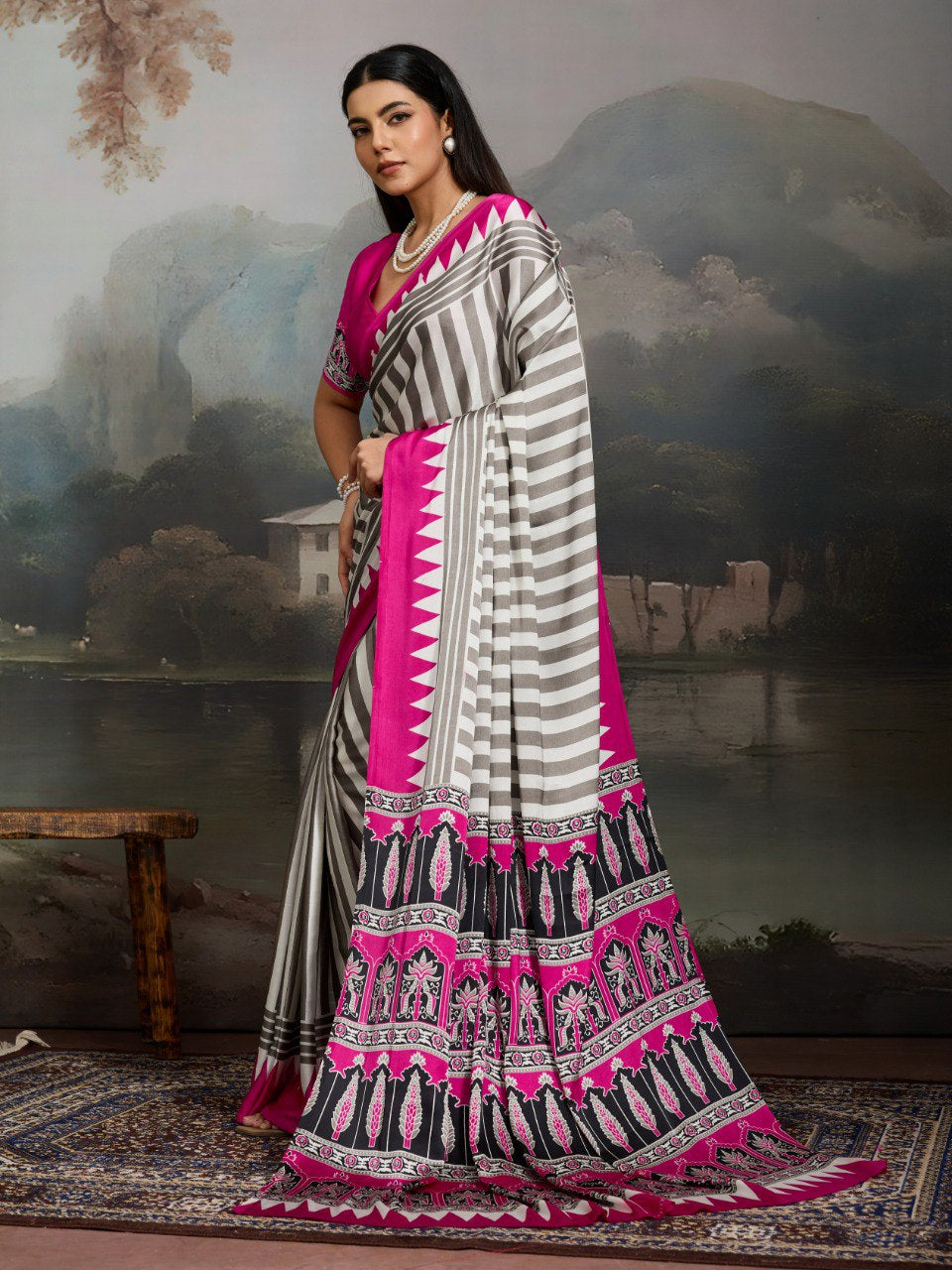 Womenline Grey & Hot Pink Heritage Print Saree with Ethnic Designer Pallu