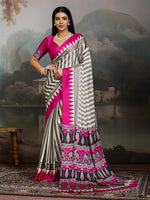 Womenline Grey & Hot Pink Heritage Print Saree with Ethnic Designer Pallu