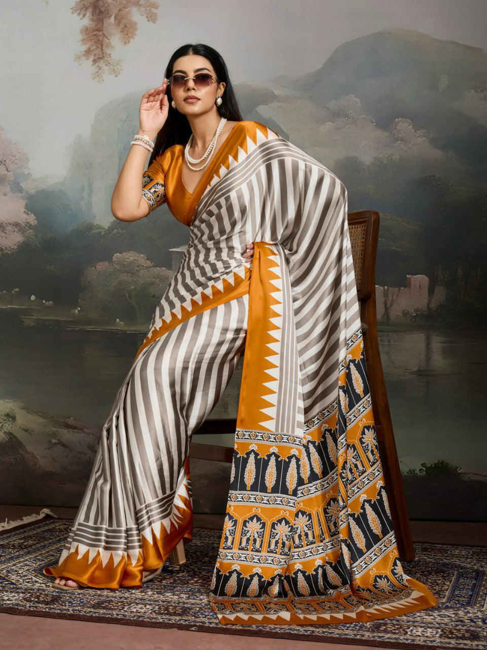 Womenline Grey & Mustard Yellow Heritage Print Saree with Ethnic Designer Pallu