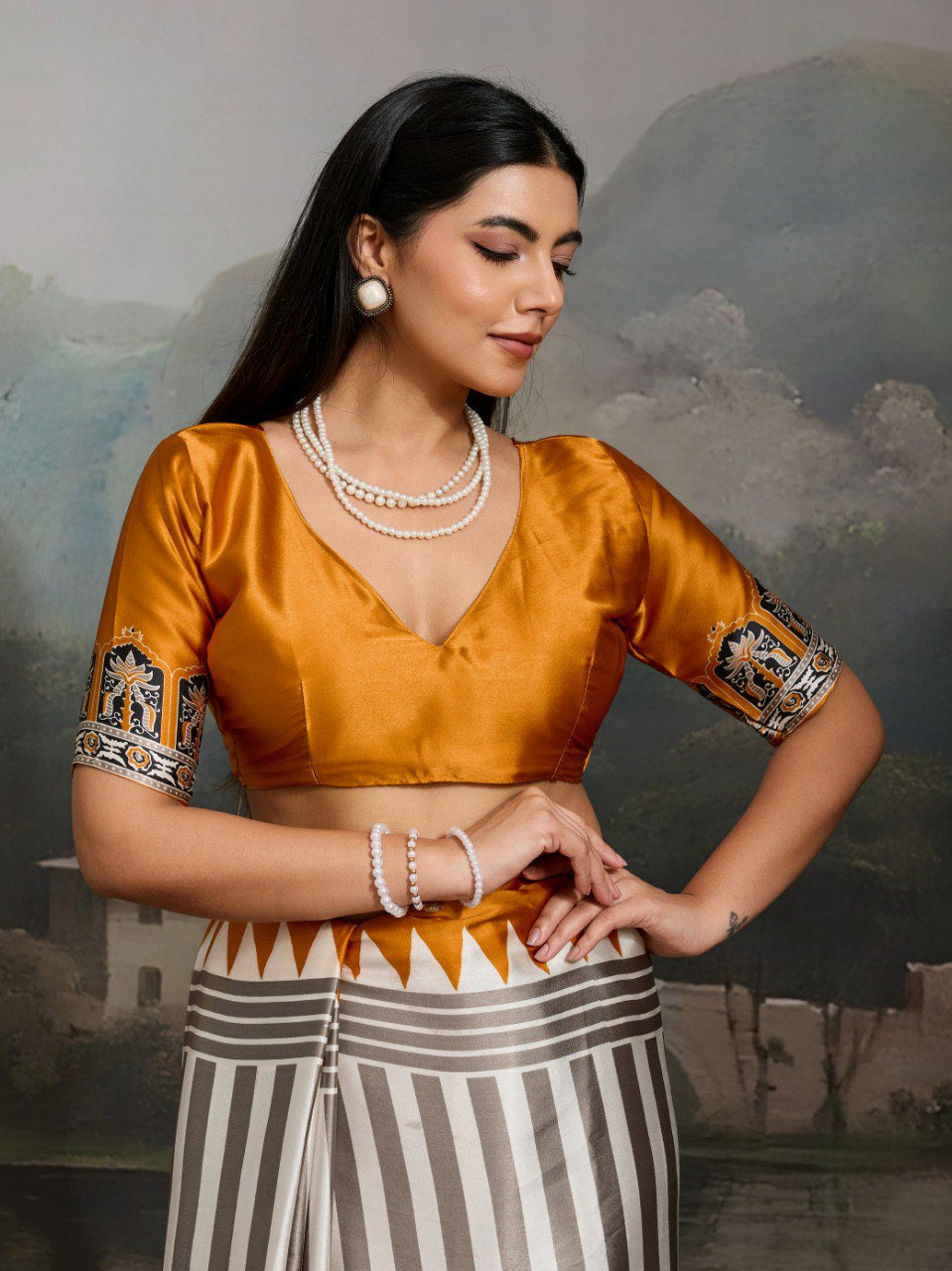 Womenline Grey & Mustard Yellow Heritage Print Saree with Ethnic Designer Pallu