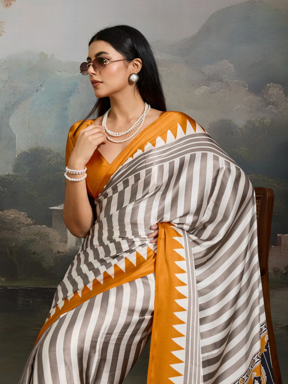 Womenline Grey & Mustard Yellow Heritage Print Saree with Ethnic Designer Pallu