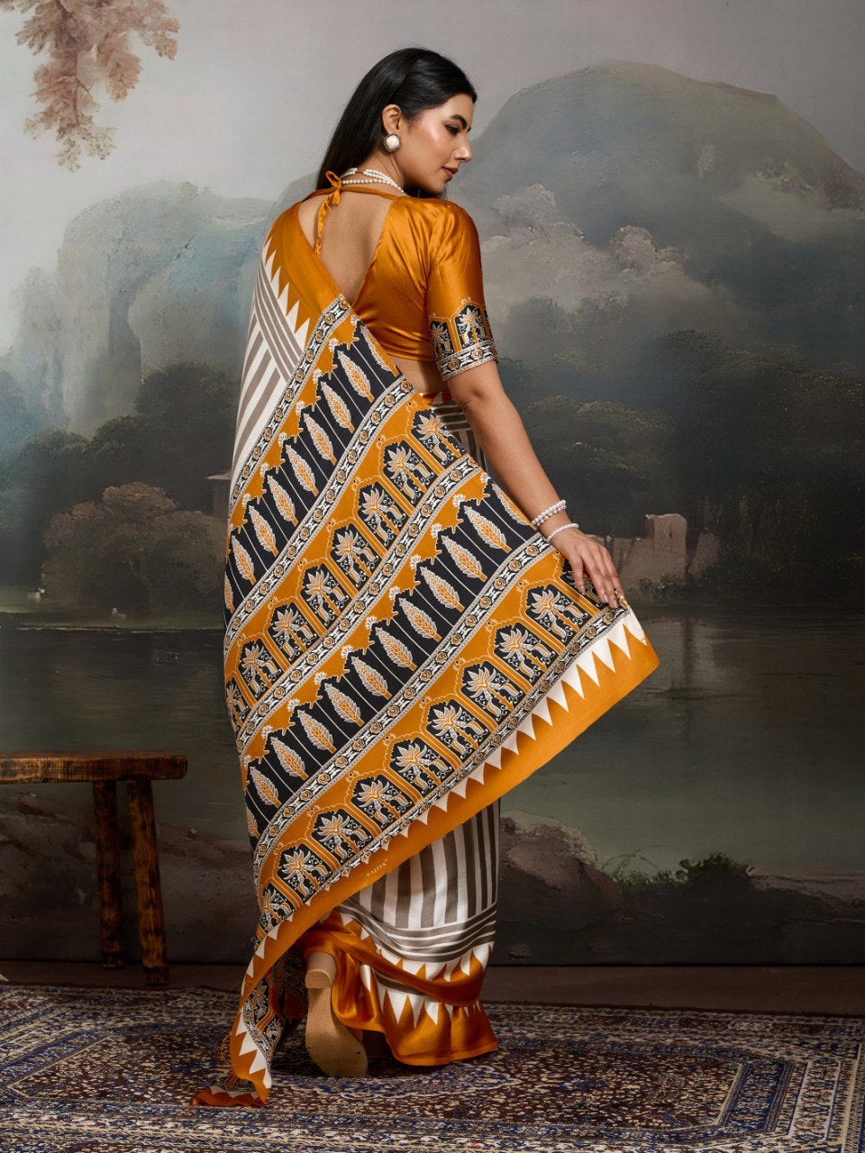 Womenline Grey & Mustard Yellow Heritage Print Saree with Ethnic Designer Pallu
