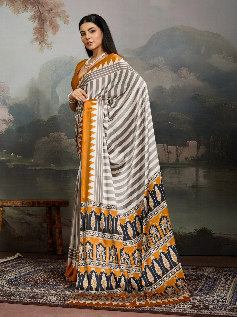 Womenline Grey & Mustard Yellow Heritage Print Saree with Ethnic Designer Pallu
