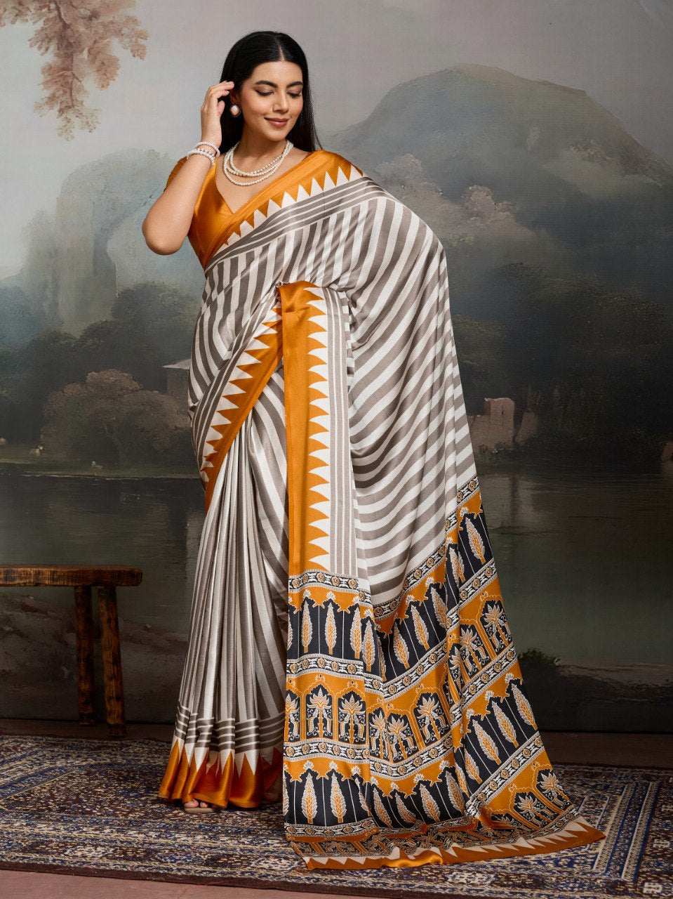 Womenline Grey & Mustard Yellow Heritage Print Saree with Ethnic Designer Pallu