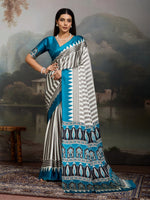 Womenline Grey & Teal Blue Heritage Print Saree with Designer Ethnic Pallu