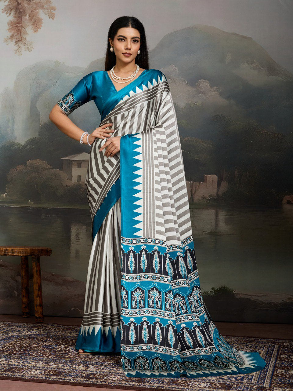 Womenline Grey & Teal Blue Heritage Print Saree with Designer Ethnic Pallu