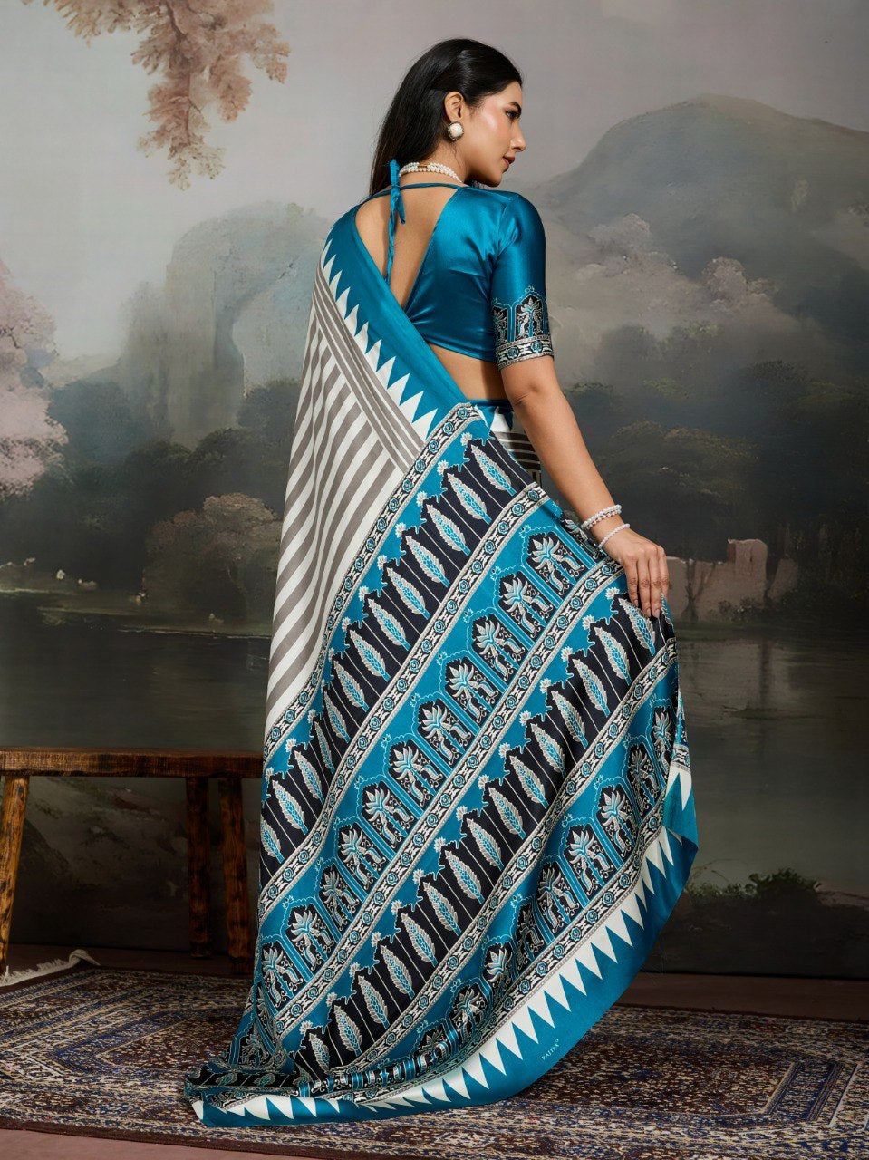 Womenline Grey & Teal Blue Heritage Print Saree with Designer Ethnic Pallu