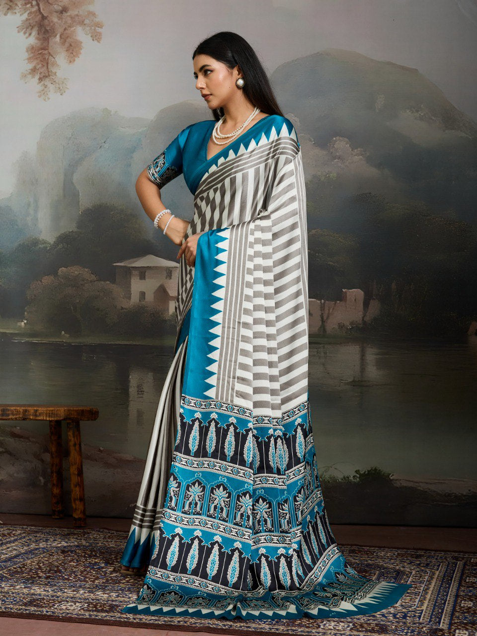 Womenline Grey & Teal Blue Heritage Print Saree with Designer Ethnic Pallu
