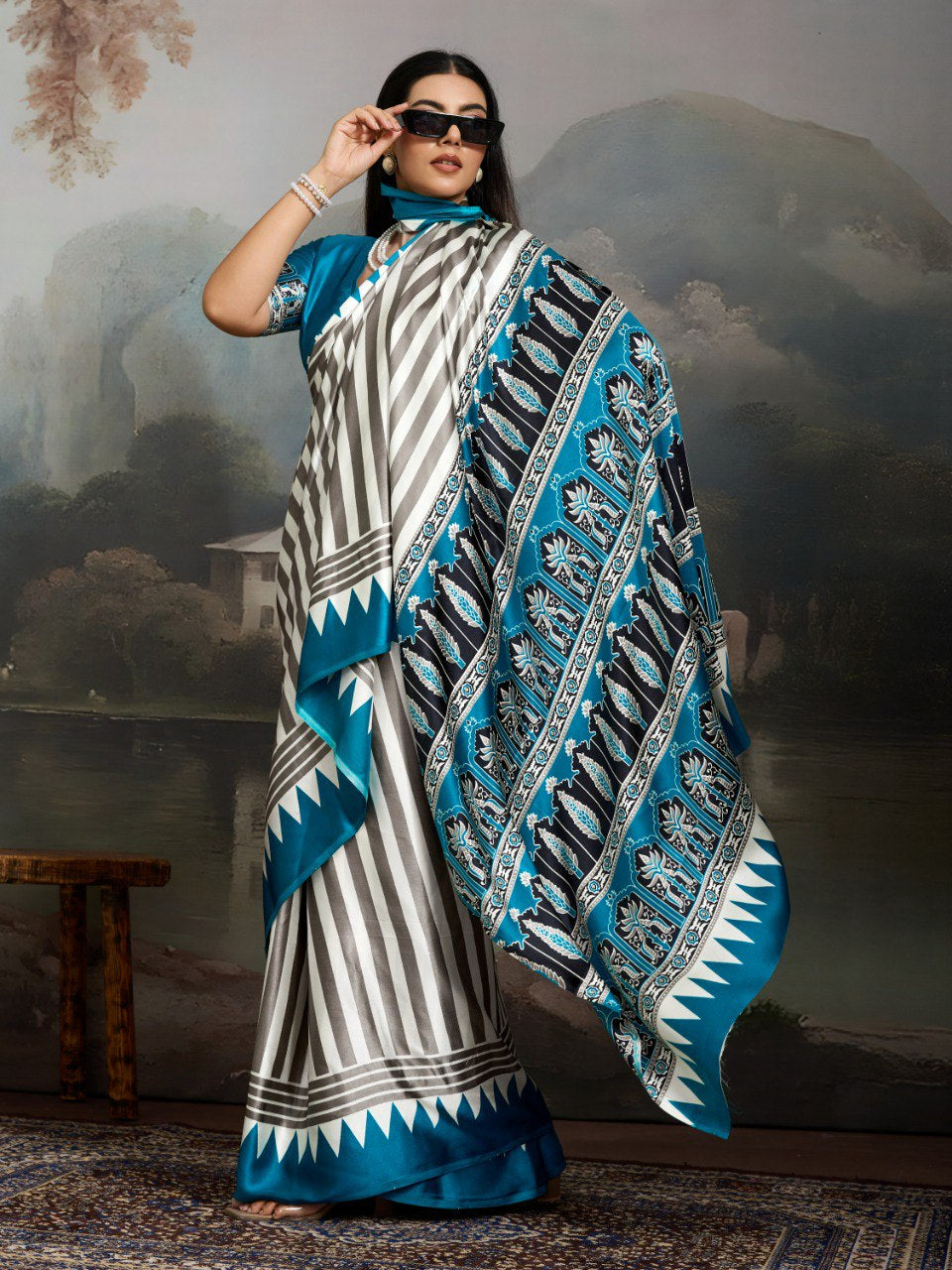 Womenline Grey & Teal Blue Heritage Print Saree with Designer Ethnic Pallu