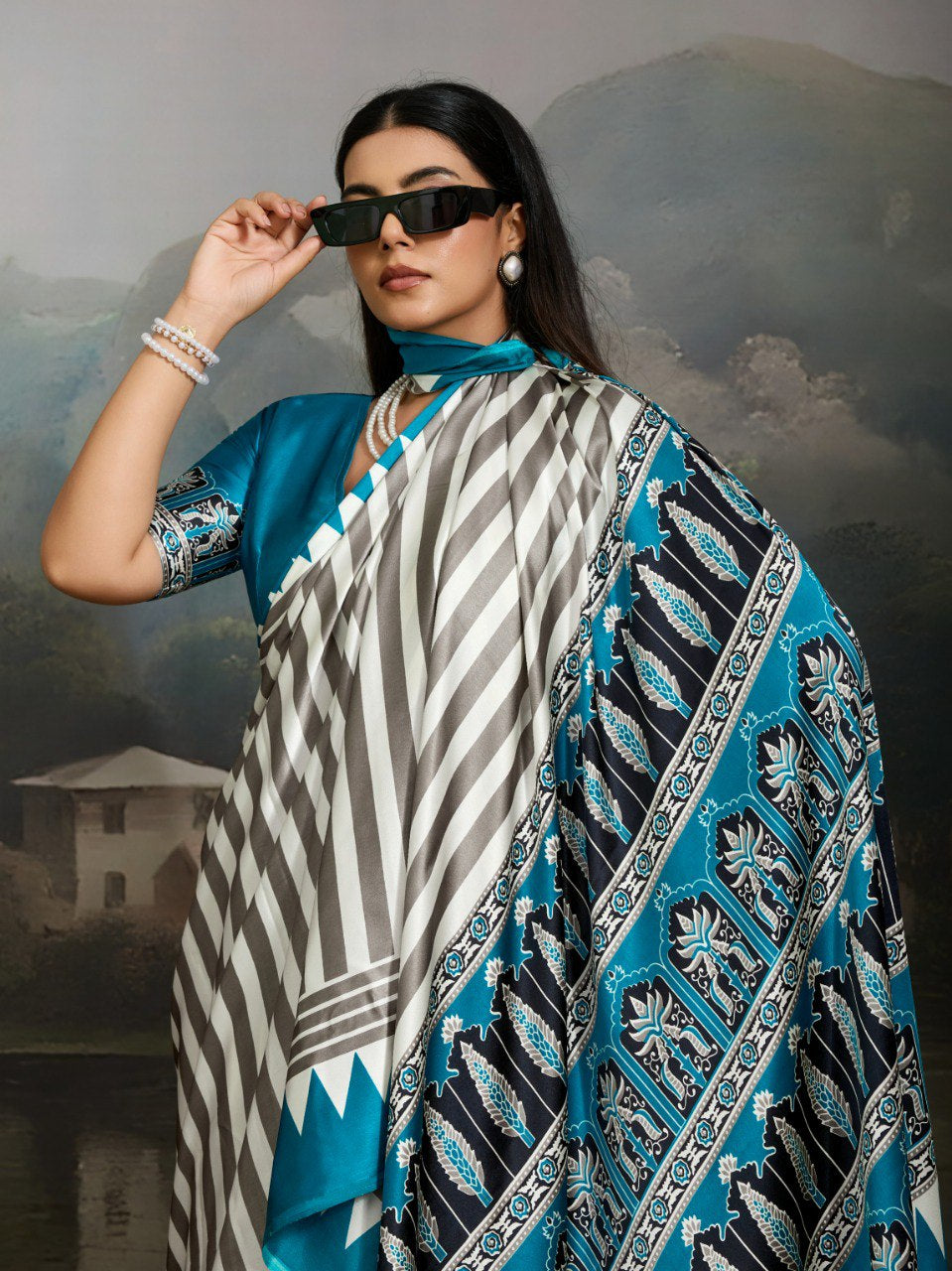 Womenline Grey & Teal Blue Heritage Print Saree with Designer Ethnic Pallu