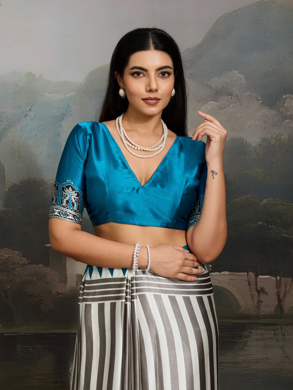 Womenline Grey & Teal Blue Heritage Print Saree with Designer Ethnic Pallu