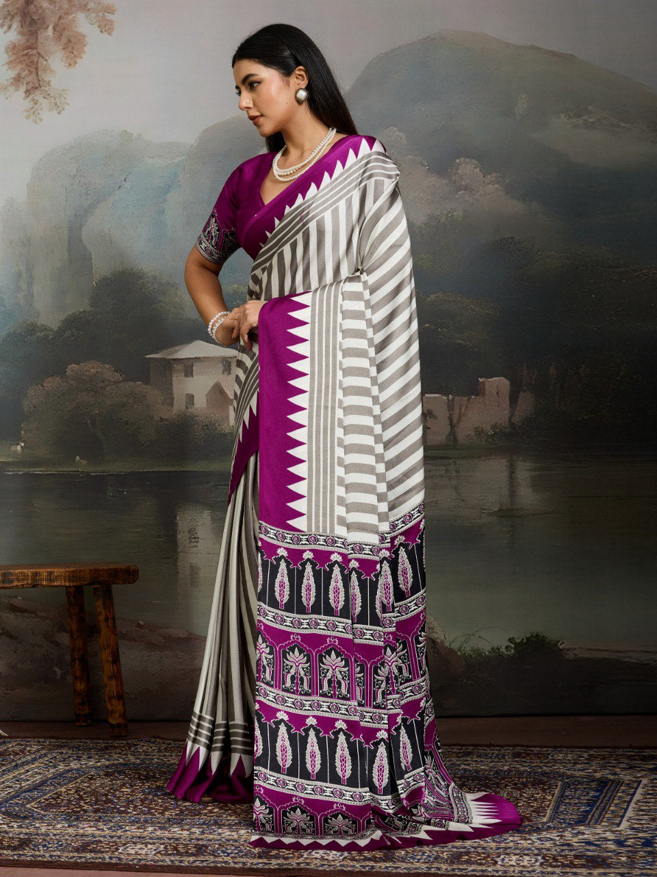 Womenline Grey & Magenta Heritage Print Saree with Geometric Stripes and Ethnic Designer Pallu