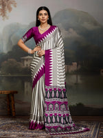 Womenline Grey & Magenta Heritage Print Saree with Geometric Stripes and Ethnic Designer Pallu