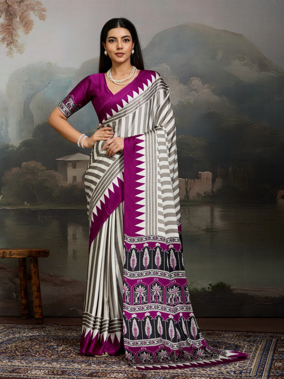 Womenline Grey & Magenta Heritage Print Saree with Geometric Stripes and Ethnic Designer Pallu