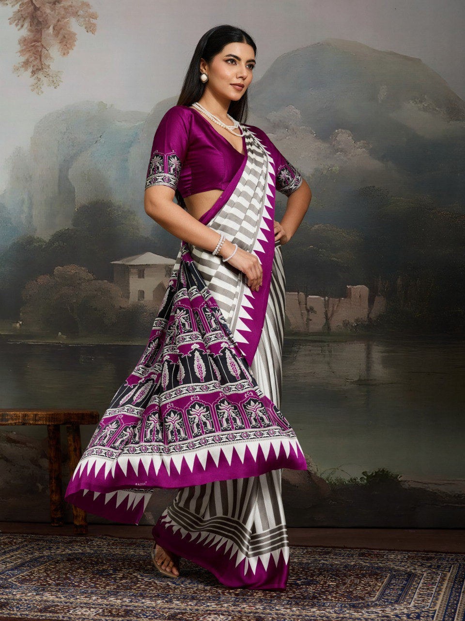 Womenline Grey & Magenta Heritage Print Saree with Geometric Stripes and Ethnic Designer Pallu