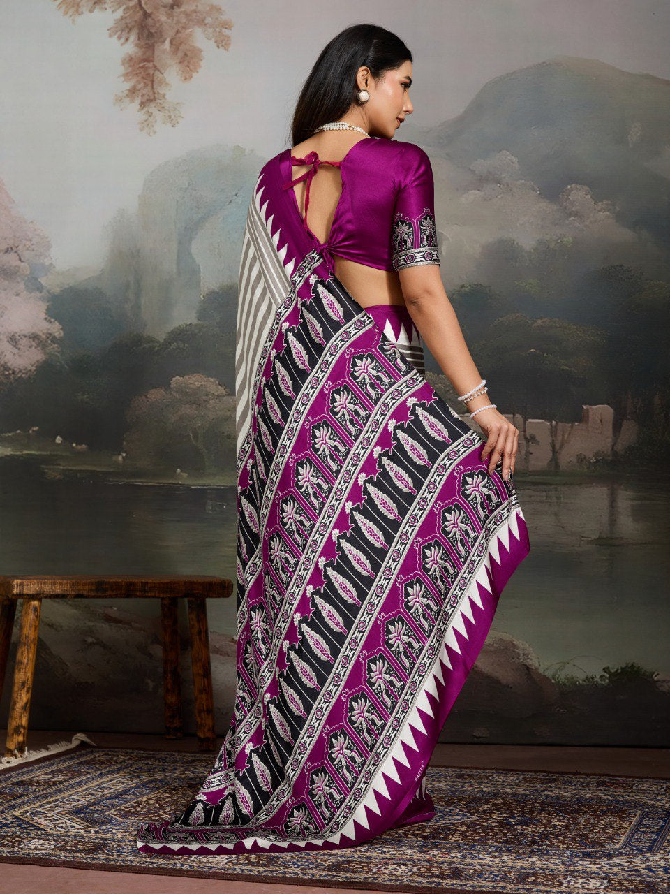 Womenline Grey & Magenta Heritage Print Saree with Geometric Stripes and Ethnic Designer Pallu