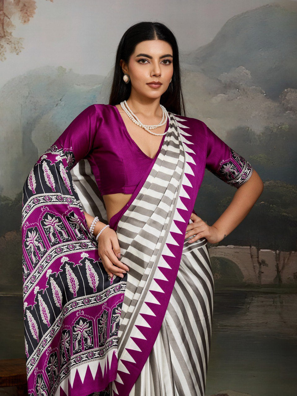 Womenline Grey & Magenta Heritage Print Saree with Geometric Stripes and Ethnic Designer Pallu