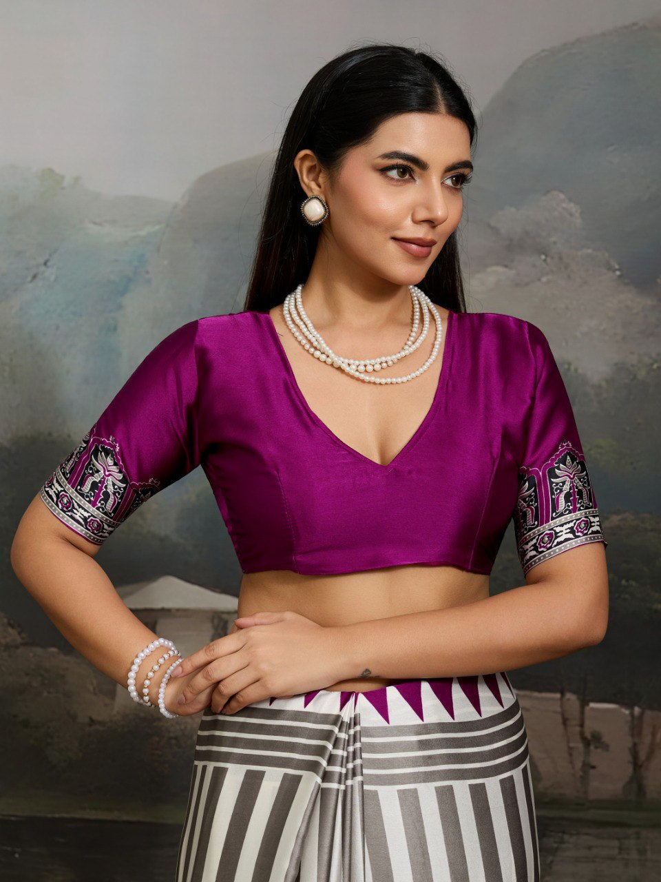 Womenline Grey & Magenta Heritage Print Saree with Geometric Stripes and Ethnic Designer Pallu