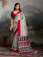 Womenline Crimson Grey Striped Saree with Heritage Ethnic Printed Designer Pallu