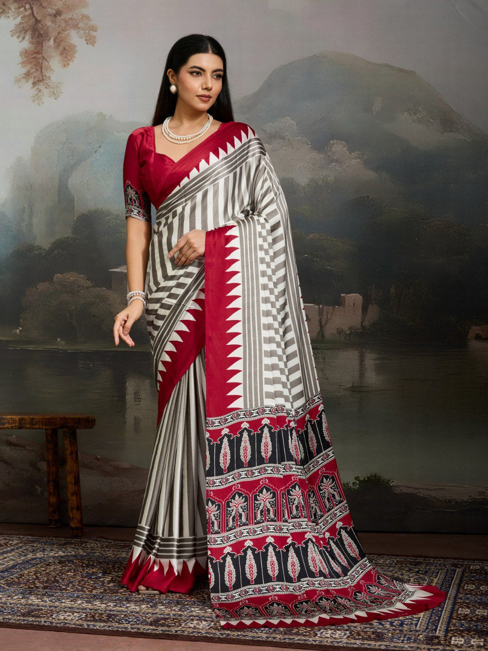 Womenline Crimson Grey Striped Saree with Heritage Ethnic Printed Designer Pallu